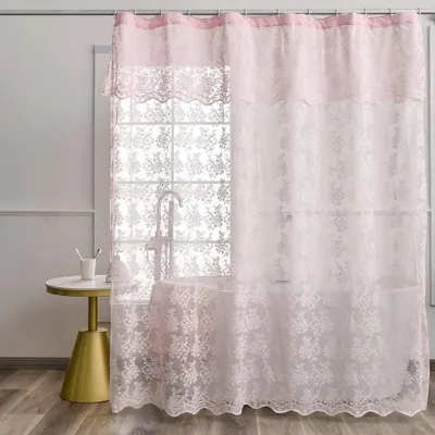 Image de Omgoods - Rideau de douche vintage rose avec jupe, 182x183 cm