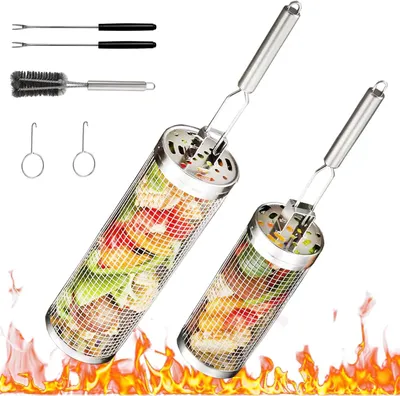 Produktbild von Rolling Grillkorb, 2 Stück Edelstahl-Rollgrillkorb, Grillzubehör für Camping, Grill Rack für Gemüse, Pommes, Fisch, Garnelen Grillkochzubehör
