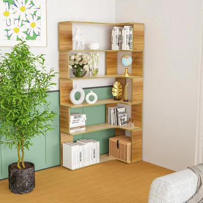 Immagine prodotto di Scaffale a forma di L - Libreria angolare - Scaffale a pavimento a 5 ripiani - Grande scaffale per esposizione e stoccaggio - Scaffale in legno autoportante - Colore legno naturale