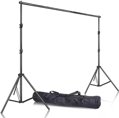 Obrázok produktu pre Systém pozadia pre fotografické štúdio – Nastaviteľný statív na pozadie 2,1 x 3 m – Výška 0,87–2,1 m – Šírka 2–3 m – Hliník – Čierna