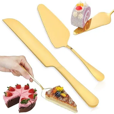 Image de Ibenzoa® : Ensemble élégant en acier inoxydable comprenant un couteau à gâteau doré (27 cm) et une spatule à gâteau dorée (22,8 cm), idéal pour les fêtes et les mariages