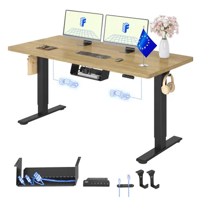 Image de Bureau électrique réglable en hauteur FLEXISPOT E1 Pro (version UE), 160 x 80 cm, plateau monobloc de 25 mm d'épaisseur, double moteur, capacité de charge de 120 kg, finition chêne naturel