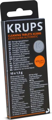 A box of Krups cleaning tablets for an espresso machine.