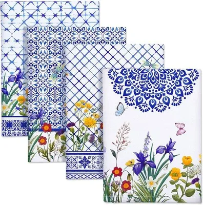Immagine prodotto di Ibenzoa® Set da 4 strofinacci da cucina in 100% cotone, 48 x 70 cm, con motivo floreale vintage, asciugamani assorbenti per cucine eleganti