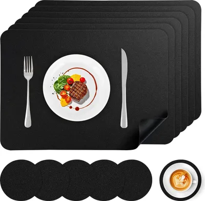 Produktbild von Tischset Leder 6er Set - Kunstleder Platzset Abwaschbar, Hitzebeständig Doppelseitigen Wasserdicht Platzdeckchen Lederoptik mit Tischuntersetzer, 45 * 30CM,Schwarz