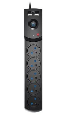 Imagen del producto de Regleta de alimentación con protección contra sobretensiones y fusible, 5 enchufes, 2 puertos USB, longitud 3 metros, 10A, 230V, 2300W, color