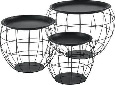 Three black metal wire basket tables of varying sizes are arranged together on a white background.