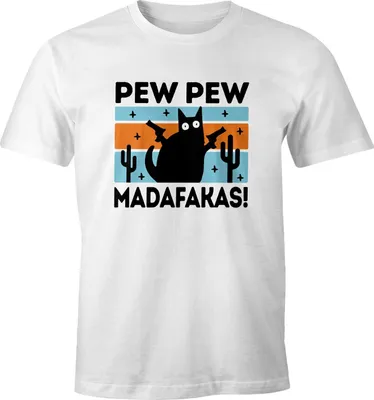 Produktbild von Herren T-Shirt Pew Pew Madafakas Katze Cat crazy verrückt Fun-Shirt Spruch lustig Moonworks® weiß S