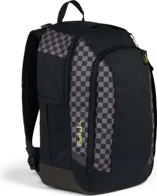 A black backpack with a checkered pattern on a white background.