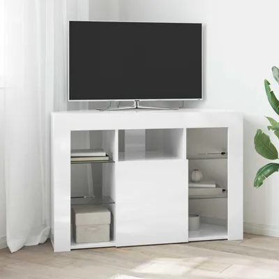 Image de Meuble TV d'angle, éclairage LED, dimensions 100x40x68 cm, finition laquée blanche, fabriqué en bois composite