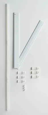 A collection of white components for a sliding curtain system laid out on a white background.