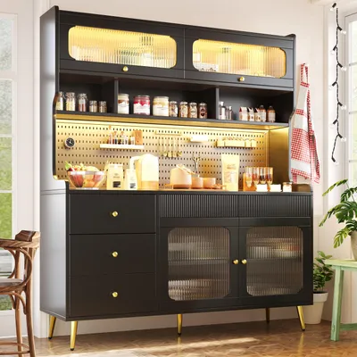 Immagine prodotto di Mobiletto da cucina MODFU, armadietto alto con vetrina a LED e ante a ribalta, 144,9 x 24 x 171 cm, mobile contenitore con pannello forato, cassetto e ripiani in vetro, colore nero