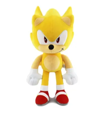 A plush toy of Super Sonic from Sonic the Hedgehog, standing against a white background.