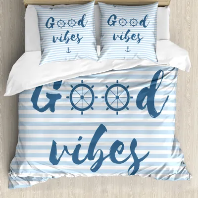 Produktbild von ABAKUHAUS Good Vibes Bettbezugs Set Für Doppelbetten, Nautische Maritime, Milbensicher Allergiker geeignet mit Kissenbezügen, Nachtblau Babyblau