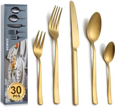 Obrázek produktu pro Sada příborů pro 6 osob, 30dílná sada příborů z nerezové oceli, matně zlatá sada příborů s noži, vidličkami a lžícemi, vysoce leštěná a vhodná do myčky nádobí