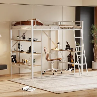 Imagen del producto de Cama de metal de 90x200 cm, cama alta con escritorio y TRES grandes estantes, litera con escalera, estructura de cama de hierro para niños y adolescentes, sin colchón (blanco)