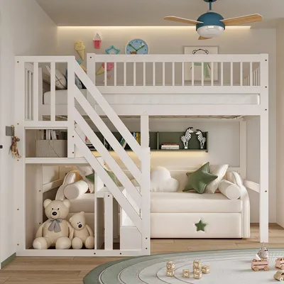 Produktbild von MODFU Hochbett 90x200cm mit Rausfallschutz, Etagenbett Kinderbett mit Stauraum Treppe, Massivholzbett Stockbett mit Lattenrost, Jugendbett Bettgestell, Weiß