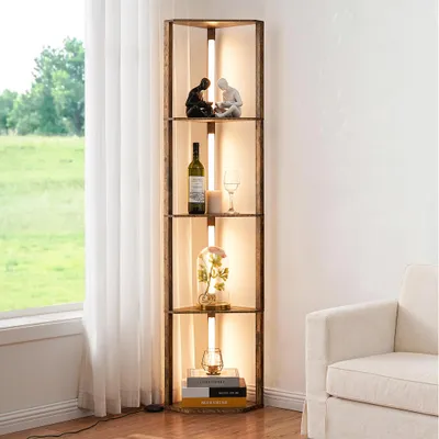 Produktbild von EDISHINE Stehlampe mit 4 Holz-Regal, LED Dimmbar Standleuchte Wohnzimmer, mit 360° Drehbarer Lichtmast, Eckregal Regalbeleuchtung