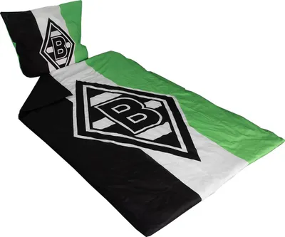 A bedding set with a pillow and duvet cover, featuring the Borussia Mönchengladbach logo.