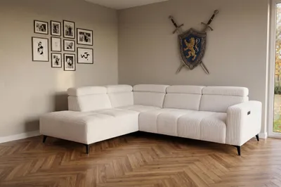 Obrázek produktu pro Moderní rohová pohovka Velvet Cord v bílé barvě s elektrickou relaxační funkcí | Nastavitelné opěrky hlavy | Elegantní design
