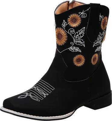 Produktbild von ASKSA Damen Stiefeletten mit Absatz Plateau Kurzschaft Sonnenblume Ankle Boots Kurz Stiefel, Schwarz, Größe: 37