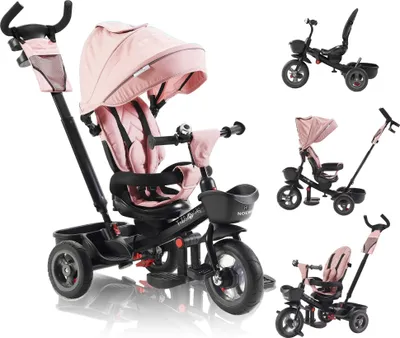 Produktbild von Rowerek trójkołowy FableKids® 5w1 Noemi z drążkiem do pchania, napędem do przodu i do tyłu, oponami PU, wolnym kołem, koszykiem, torbą i uchwytem na kubek, od 18 miesięcy do 25 kg Różowy