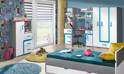 Produktbild von Jugendzimmer Kinderzimmer Komplett - Set F Oskar, 8-teilig, Farbe: Anthrazit / Weiß / Blau
