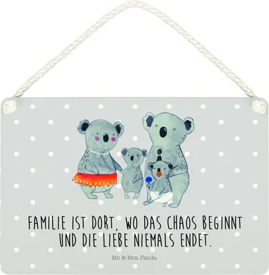 Produktbild von Mr. & Mrs. Panda Schild Koala Familie DIN A4 - Grau Pastell - Geschenk, Papa, Kinder, wandtafel, Muttertag, Family, Mama, Deko Wandbild, Türschild, holzbild, hängeschild