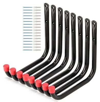 Productafbeelding van 8 stevige garagehaken, 17 cm, wandhaken, ladderhaken voor tuingereedschap, fiets, stoel, slang, voor binnen- of buiten gebruik (zwart + rood, 17 cm x 17 cm)