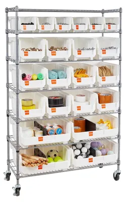 Obrázek produktu pro Stojan VEVOR, skladovací regál s 22 stohovatelnými boxy, knihovna, kuchyňský regál na kolečkách, pojízdný regál na nářadí do garáže, skladu, kanceláře, restaurace, učebny, kuchyně, 355 x 900 x 1490 mm