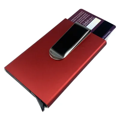 Obrázek produktu pro Bezpečnostní RFID kovové pouzdro a peněženka na karty a doklady až pro 8 karet se sponou na peníze - Červená Peněženka Daklos