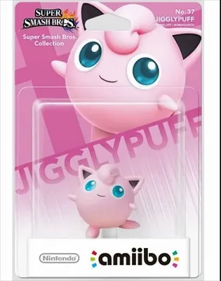 A packaged Nintendo amiibo figure of Jigglypuff from the Super Smash Bros. Collection.
