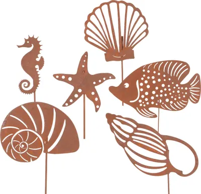 Produktbild von UNUS® Gartenstecker Fische Muscheln Seepferd Seestern 6er Set in Rostoptik
