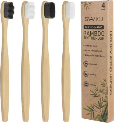 Image de lot de 4 brosses à dents en bambou extra souples pour gencives sensibles