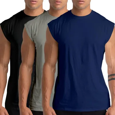 Produktbild von Herentop-Set (3er-Pack) aus Baumwolle und Elasthan, ärmellose Sportshirts für Training und Fitness