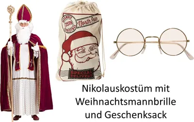 Produktbild von Nikolaus Kostüm Bischof Weihnachten Gr. M - 3XL -- inklusive Weihnachtsmannbrille und Jutesack Gr. S/M