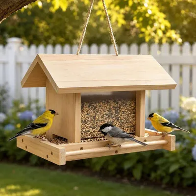 Imagen del producto de Comedero de madera, resistente a la intemperie, para pájaros pequeños, ideal para jardín, balcón o terraza