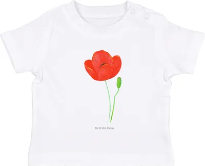 Produktbild von Mr. & Mrs. Panda Babyshirt Blume Mohnblume 12. - 18. Monat - Weiß - Geschenk, Glaube,  Baby Shirt, Top, Kleinkind, Jerseyshirt, Motivation, Garten, Religion, T-Shirt