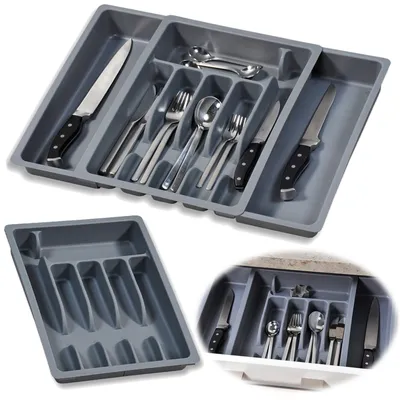 Produktbild von LS-LebenStil Schubladeneinsatz Besteckkasten 29-50cm Grau Kunststoff ausziehbar Besteckbox Organizer Schubladentrenner Küche verstellbar für Schublade