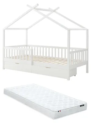 Produktbild von Hüttenbett 90 x 190 cm mit Schubladen - Kieferholz und MDF - Weiß + Matratze - KIRALIO
