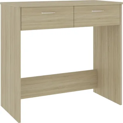A simple, front-facing view of a light brown wooden desk with two drawers and silver handles, set against a plain white background.