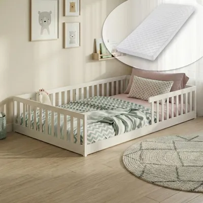 Produktbild von Kinderbett Bodenbett 120x200 cm mit Matratze, Lattenrost & Rausfallschutz  Montessori Bett Bed Gitterbett Kinder Jugendbett Einzelbett mit Matratze | weiß weitere Größen | 90x200 | 140x200 cm