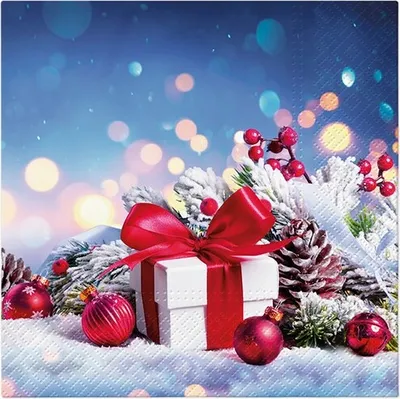 Produktbild von 20 Servietten Gift with a red Bow - Geschenkbox an Weihnachtsdeko 33x33cm