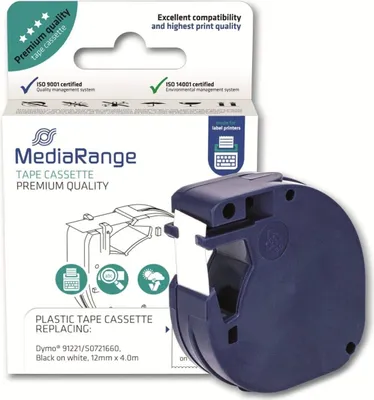 Produktbild von MediaRange Kunststoff-Schriftbandkassette, für/ersetzt Dymo 91221/S0721660, permanent haftend, 12mm, 4m, laminiert, schwarz auf weiß, Weiß, Halb-permanent, Dymo LetraTAG LT-100H, LT-100T, 1 Stück(e)
