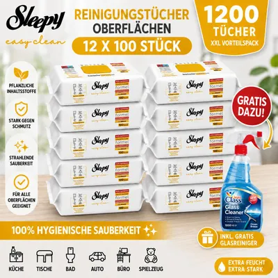 Produktbild von Sleepy Easy Clean Oberflächenreinigungstücher – 12x100 Gelb + Glasreiniger GRATIS, KI-generiertes Bild