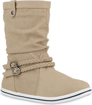 Produktbild von Mytrendshoe Damen Schlupfstiefel Sportliche Stiefel Boots Schnalle 70991, Farbe: Beige, Größe: 36