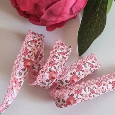 Produktbild von Designer Popeline Schrägband Blümchen Mit Spitze Baumwolle   Holland (Knallig Rosa)
