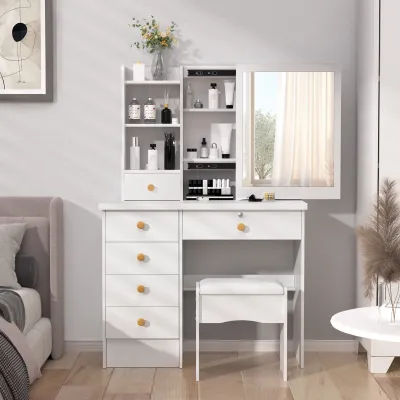 Produktbild von Schminktisch mit Schiebespiegel, Schlafzimmer Schminktisch mit 6 Schubladen, offene Regale, versteckter Stauraum
