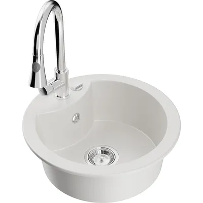 Obrázek produktu pro Mexen Diego 1-miskový granitový dřez s kuchyňskou baterií Elia, Bílá - 6512-20-670101-00