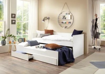 Produktbild von Relita Funktionsbett RONNY, weiß, MDF, 2 Liegeflächen 90x200 & 90x190 cm, 2 Schubladen, Stellfläche B205xH90xT95/180/220cm, Rillenprofil, als Bettsofa nutzbar, inkl. Rolllattenroste